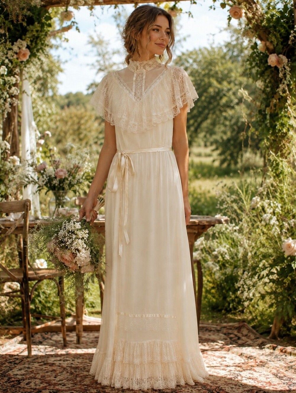 Vintage 1970s cream lace tie bow midi maxi boho rustic modest wedding dress